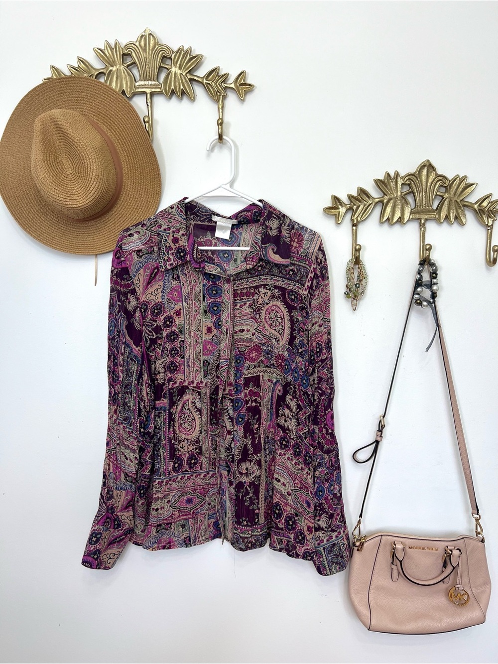 Paisley Print Long-Sleeve Blouse in Plum XL ptp 25”